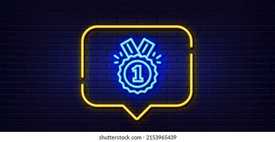 Neon light speech bubble. Reward Medal line icon. Winner achievement or Award symbol. Glory or Honor sign. Neon light background. Approved glow line. Brick wall banner. Vector