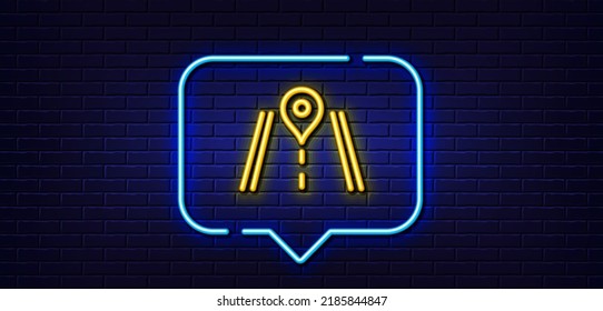 Neon light speech bubble. Road line icon. Journey path sign. Highway route gps symbol. Neon light background. Road glow line. Brick wall banner. Vector