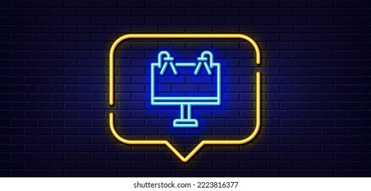 Neon Light-Sprechblase. Banner-Symbol für Straßenwerbung. Werbesymbol. Geschäftsangebot-Schild. Neoner heller Hintergrund. Straßenbanner-Leuchtlinie. Brick-Wand-Banner. Vektorgrafik