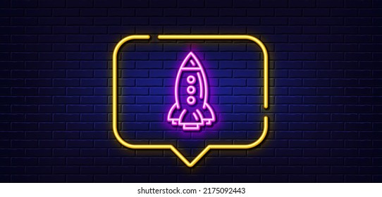 Neon light speech bubble. Rocket line icon. Spaceship transport sign. Aircraft symbol. Neon light background. Rocket glow line. Brick wall banner. Vector