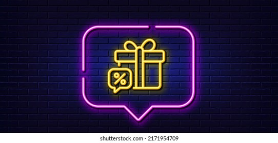 Neon light speech bubble. Sale gift line icon. Discount offer sign. Promotion price symbol. Neon light background. Sale gift glow line. Brick wall banner. Vector