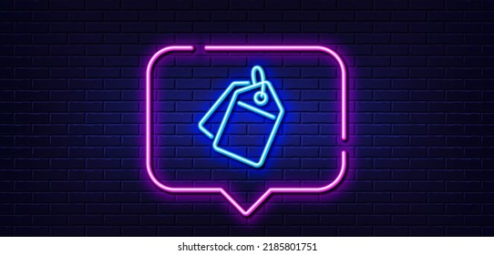 Neon light speech bubble. Sale tags line icon. Shopping labels. Discount coupon symbol. Neon light background. Sale tags glow line. Brick wall banner. Vector