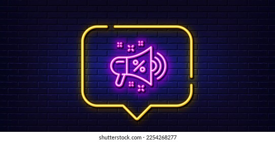 Neon light speech bubble. Sale megaphone line icon. Discount shopping sign. Clearance symbol. Neon light background. Sale megaphone glow line. Brick wall banner. Vector