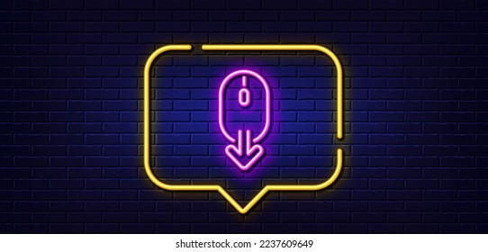Neon light speech bubble. Scroll down mouse line icon. Scrolling screen sign. Swipe page. Neon light background. Scroll down glow line. Brick wall banner. Vector