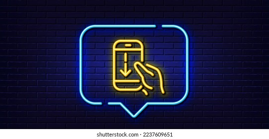 Neon light speech bubble. Scroll down phone line icon. Scrolling screen sign. Swipe page. Neon light background. Scroll down glow line. Brick wall banner. Vector