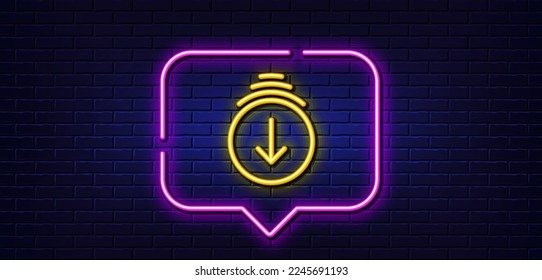 Neon light speech bubble. Scroll down arrow line icon. Scrolling screen sign. Swipe page. Neon light background. Scroll down glow line. Brick wall banner. Vector