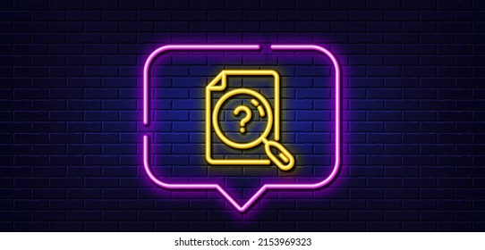 Neon light speech bubble. Search document line icon. Help book sign. Instruction manual symbol. Neon light background. Search document glow line. Brick wall banner. Vector