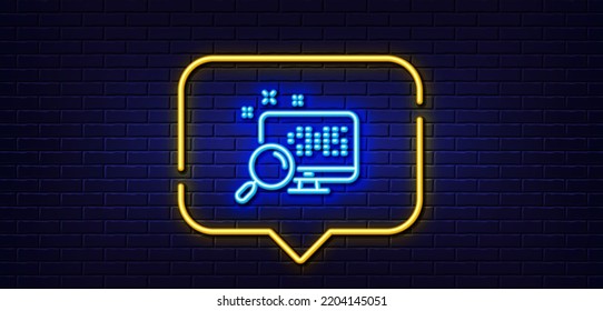Neon light speech bubble. Search in computer line icon. Find data sign. Magnify glass. Neon light background. Search glow line. Brick wall banner. Vector