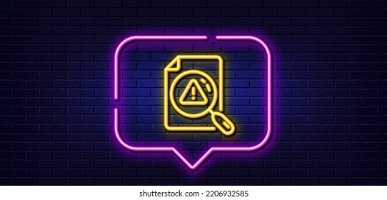 Neon light speech bubble. Search document line icon. Help book sign. Instruction manual symbol. Neon light background. Search document glow line. Brick wall banner. Vector