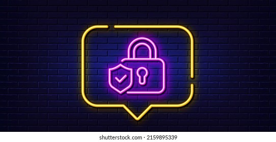 Neon light speech bubble. Security lock line icon. Cyber defence shield sign. Private protection symbol. Neon light background. Security lock glow line. Brick wall banner. Vector