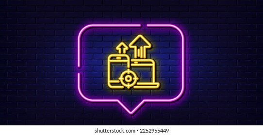 Neon light speech bubble. Seo devices line icon. Web targeting sign. Traffic management symbol. Neon light background. Seo devices glow line. Brick wall banner. Vector