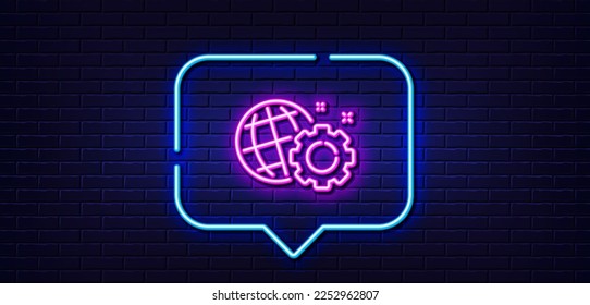 Neon light speech bubble. Seo gear line icon. Internet settings sign. Traffic management symbol. Neon light background. Seo gear glow line. Brick wall banner. Vector