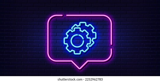 Neon light speech bubble. Settings gears line icon. Cogwheel sign. Working process symbol. Neon light background. Settings gears glow line. Brick wall banner. Vector