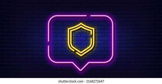 Neon light speech bubble. Shield line icon. Privacy secure sign. Safe defense symbol. Neon light background. Shield glow line. Brick wall banner. Vector