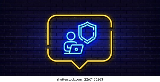 Neon light speech bubble. Shield line icon. Privacy secure sign. Safe defense symbol. Neon light background. Shield glow line. Brick wall banner. Vector