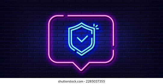 Neon light speech bubble. Shield line icon. Privacy secure sign. Safe defense symbol. Neon light background. Shield glow line. Brick wall banner. Vector