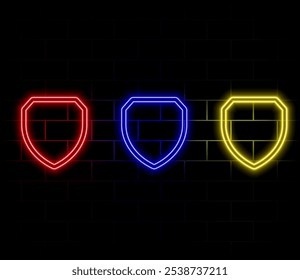 Neonlicht-Sprechblase. Schildliniensymbol. Datenschutz-Sicherheitszeichen. Sicheres Verteidigungssymbol. Neonheller Hintergrund. Leuchtlinie abschirmen. Ziegelmauer-Banner. Vektor.