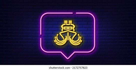 Neon light speech bubble. Ship in waves line icon. Watercraft transport sign. Shipping symbol. Neon light background. Ship glow line. Brick wall banner. Vector