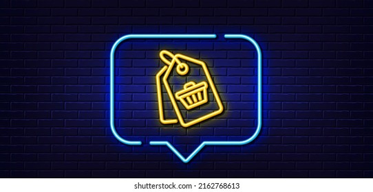 Neon light speech bubble  Shopping cart line icon  Customer sale tags sign  Supermarket purchases symbol  Neon light background  Sale tag glow line  Brick wall banner  Vector