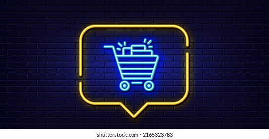Neon light speech bubble. Shopping cart line icon. Sale Marketing symbol. Special offer sign. Neon light background. Shopping cart glow line. Brick wall banner. Vector