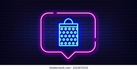 Neon light speech bubble. Shopping bag with circles line icon. Present or Sale sign. Birthday Shopping symbol. Package in Gift Wrap. Neon light background. Shopping bag glow line. Vector