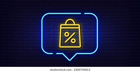 Neon light speech bubble. Shopping bag with Percentage line icon. Supermarket buying sign. Sale and Discounts symbol. Neon light background. Shopping bag glow line. Brick wall banner. Vector