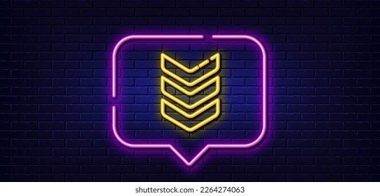 Neon light speech bubble. Shoulder strap line icon. Army reward sign. Best rank symbol. Neon light background. Shoulder strap glow line. Brick wall banner. Vector