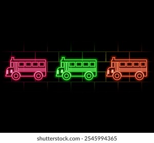 Burbuja de discurso de luz de neón. Icono de línea de autobús. Cartel de transporte del aeropuerto. Símbolo de servicio de transferencia. Fondo de luz de neón. Autobús de enlace de la línea de resplandor. Anuncio de pared de ladrillo. Vector.
