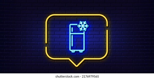 Neon light speech bubble. Single chamber refrigerator line icon. Fridge sign. Freezer storage symbol. Neon light background. Refrigerator glow line. Brick wall banner. Vector svg