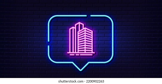 Neon light speech bubble. Skyscraper buildings line icon. City architecture sign. Town symbol. Neon light background. Skyscraper buildings glow line. Brick wall banner. Vector