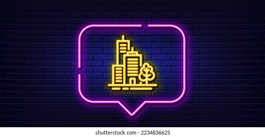 Neon light speech bubble. Skyscraper buildings line icon. City architecture with tree sign. Town symbol. Neon light background. Skyscraper buildings glow line. Brick wall banner. Vector