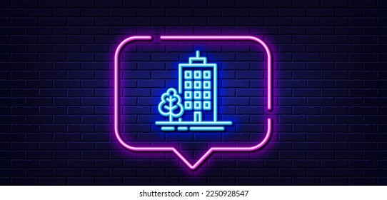 Neon light speech bubble. Skyscraper buildings line icon. City architecture with tree sign. Town symbol. Neon light background. Skyscraper buildings glow line. Brick wall banner. Vector