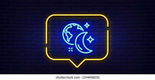 Neon light speech bubble. Sleep line icon. Night internet sign. Planet with moon symbol. Neon light background. Sleep glow line. Brick wall banner. Vector