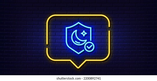 Neon light speech bubble. Sleep guard line icon. No insomnia sign. Night protection symbol. Neon light background. Guard glow line. Brick wall banner. Vector