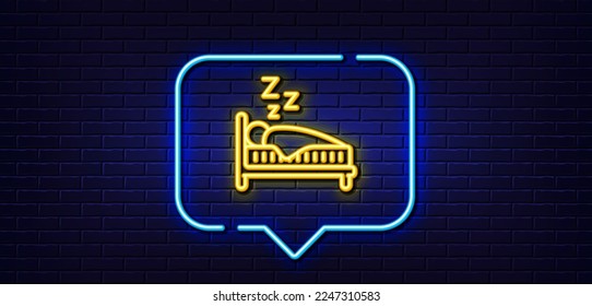 Neon light speech bubble. Sleep line icon. Night rest bed sign. Human bedtime symbol. Neon light background. Sleep glow line. Brick wall banner. Vector