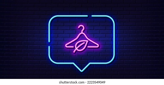 Neon light speech bubble. Slow fashion line icon. Eco tested sign. Fair trade symbol. Neon light background. Slow fashion glow line. Brick wall banner. Vector