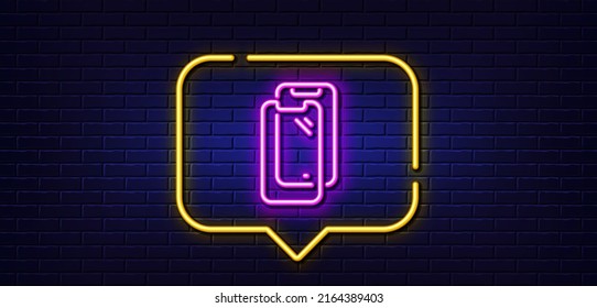 Neon light speech bubble. Smartphone glass line icon. Phone protection sign. Mobile device symbol. Neon light background. Smartphone glass glow line. Brick wall banner. Vector