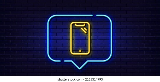 Neon light speech bubble. Smartphone line icon. Phone sign. Mobile device symbol. Neon light background. Smartphone glow line. Brick wall banner. Vector
