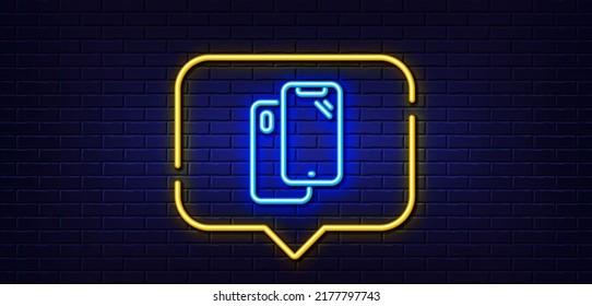 Neon light speech bubble. Smartphone line icon. Phone cover sign. Mobile device symbol. Neon light background. Smartphone glow line. Brick wall banner. Vector