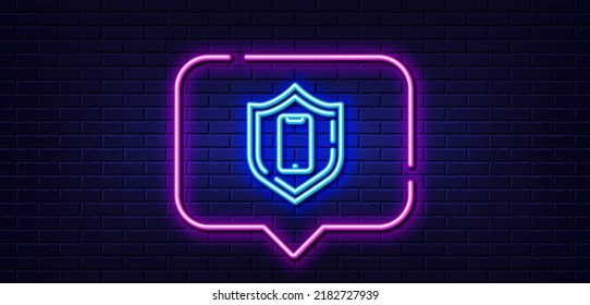 Neon light speech bubble. Smartphone protection line icon. Phone shield sign. Mobile device symbol. Neon light background. Smartphone protection glow line. Brick wall banner. Vector