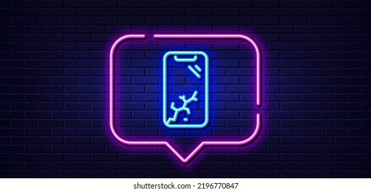 Neon light speech bubble. Smartphone broken line icon. Phone crash sign. Mobile device crack symbol. Neon light background. Smartphone broken glow line. Brick wall banner. Vector