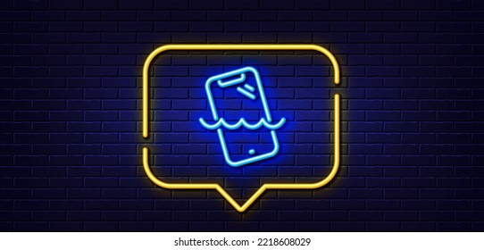 Neon light speech bubble. Smartphone waterproof line icon. Phone sign. Mobile device symbol. Neon light background. Smartphone waterproof glow line. Brick wall banner. Vector
