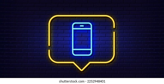Burbuja de habla de luz neón. Icono de Smartphone. Señal de teléfono móvil o de teléfono. Símbolo de dispositivo móvil de comunicación. Fondo neón de luz. Línea de brillo de Smartphone. Banner de pared de ladrillo. Vector