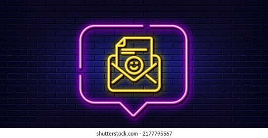 Neon light speech bubble. Smile mail line icon. Positive feedback letter sign. Customer satisfaction symbol. Neon light background. Smile glow line. Brick wall banner. Vector