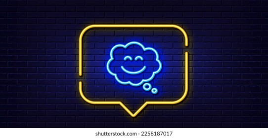 Neon light speech bubble. Smile chat line icon. Happy emoticon sign. Comic speech bubble symbol. Neon light background. Smile chat glow line. Brick wall banner. Vector