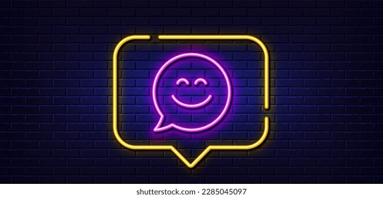 Neon light speech bubble. Smile chat line icon. Happy emoticon sign. Speech bubble symbol. Neon light background. Smile chat glow line. Brick wall banner. Vector