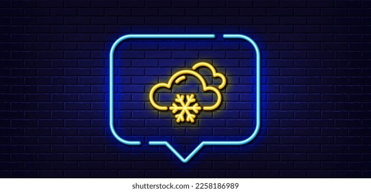 Neon light speech bubble. Snow weather forecast line icon. Clouds with snowflake sign. Cloudy sky symbol. Neon light background. Snow weather glow line. Brick wall banner. Vector