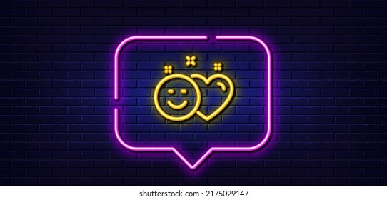 Burbuja de habla de luz neón. A los medios sociales les gusta el icono de la línea. Corazón, signo de sonrisa. Símbolo de retroalimentación positiva. Fondo neón de luz. Sonríe la línea de resplandor. Banner de pared de ladrillo. Vector