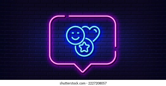 Neon light speech bubble. Social media likes line icon. Heart, star sign. Positive smile feedback symbol. Neon light background. Smile glow line. Brick wall banner. Vector