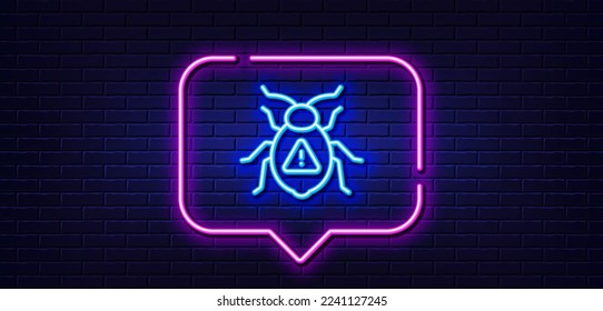 Neon light speech bubble. Software bug line icon. Cyber attack sign. Computer virus symbol. Neon light background. Software bug glow line. Brick wall banner. Vector